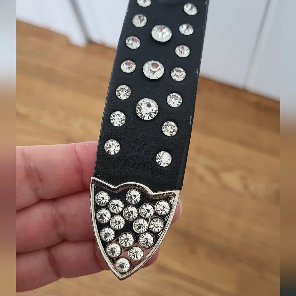 Crystal Mirrored Embellished Black Leather Rodeo Western Belt